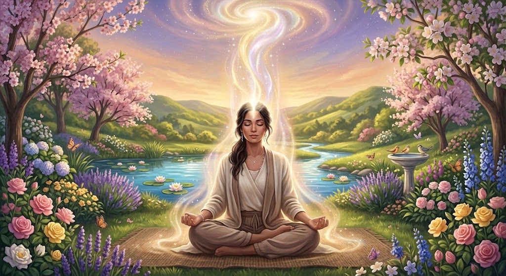Mujer meditando en un jardín florido, rodeada de una luz que asciende hacia el cielo